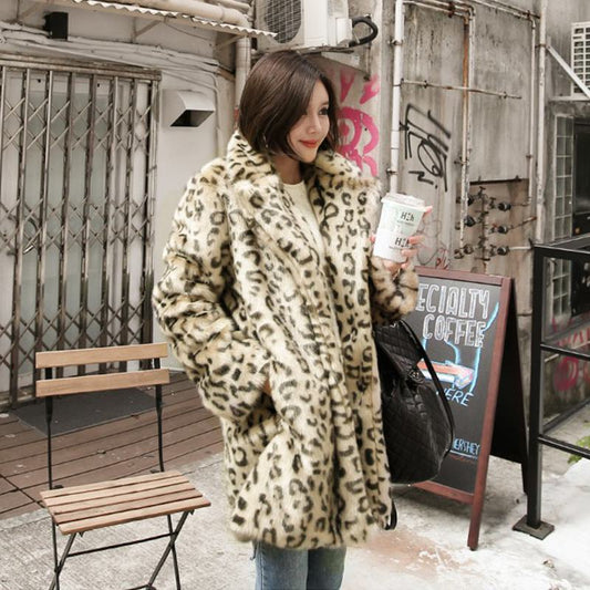 Leopard Print Fur Thigh-Length Loose Fit Fleece Jacket