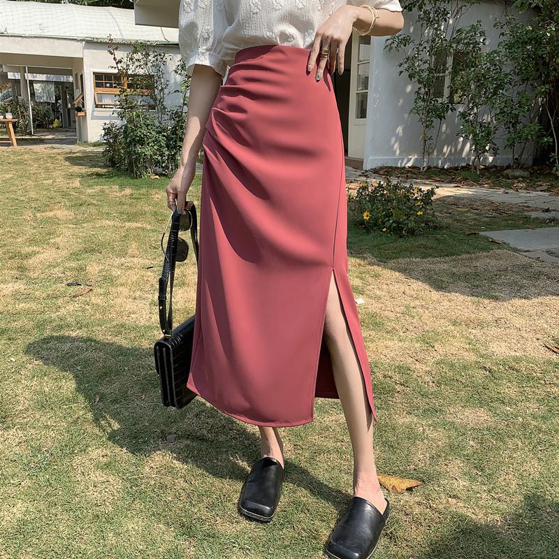 Belly-Covering High-Waisted Pleated Midi Pencil Skirt