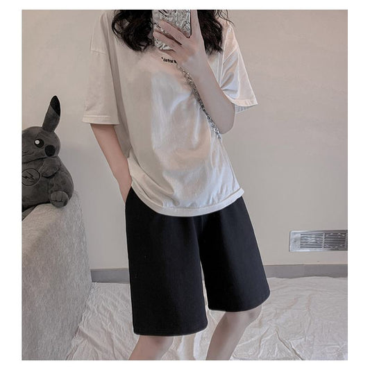 Casual Black Loose Fit Sports Straight Wide-Leg Slimming High-Waisted Shorts