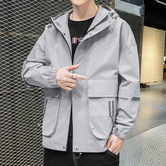 Casual Pouch Pocket Workwear Style Versatile Raincoat Hooded Jacket