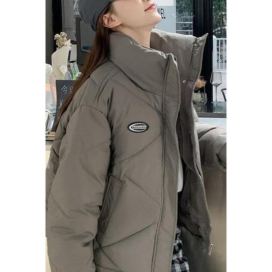 Stand-Up Collar Solid Cropped Loose Fit Puffer Jacket