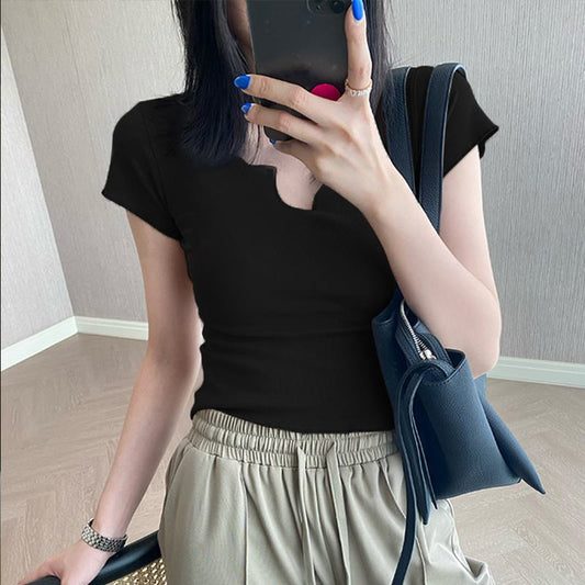 Women's T-Shirt Slim-Fit Cropped Tight-Fitting Short Sleeve Tee