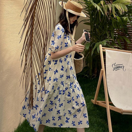Floral Print Slimming Blue Bubble Sleeve Dress