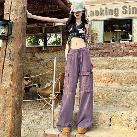 Loose Fit Straight Leg Retro High-Waisted Purple Workwear Jeans