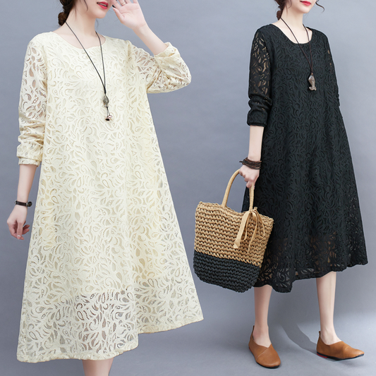 Slimming Lace Round Neck Solid Color Quality Plus Dress