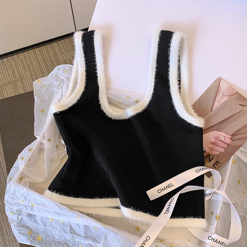Knitted Cropped Color-Blocking Slim-Fit Plush High-Waisted Tank Top
