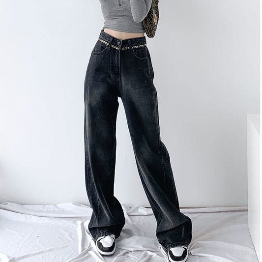 جينز مستقيم بطول الساق حتى الأرض وخصر عالٍ متعدد الاستخدامات