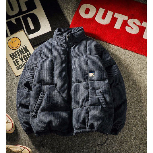 Stand-Up Collar Labeling Detail Loose Fit Corduroy Puffer Coat