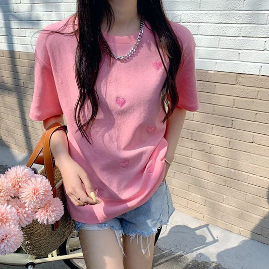 Love Heart Loose Fit Embroidery Round Neck Short Sleeve Tee