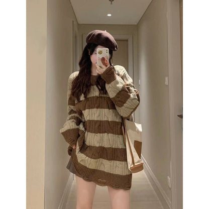 Stripe Retro Round Neck Color-Blocking Frayed Edge Knitted Loose-Fit Lazy Sweater