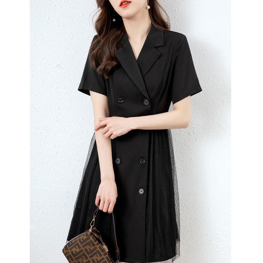 Collar Silky Luster Double-Breasted Patchwork Button Dress