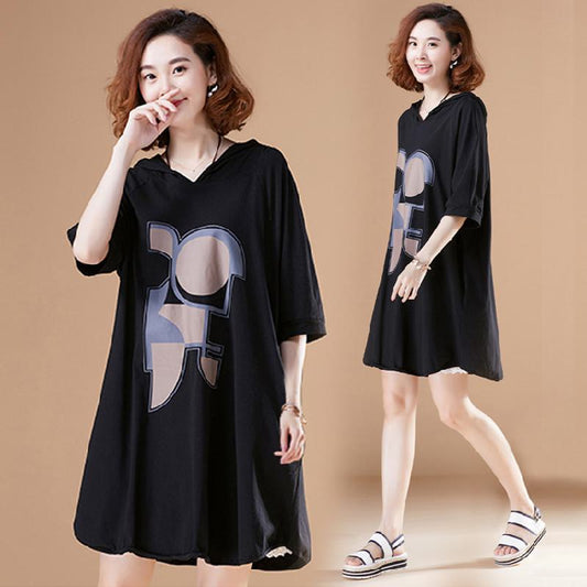 Women's T-Shirt Print Casual Loose Fit Hooded Plus Short Sleeve Tee