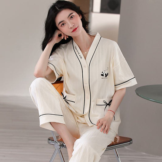 Conjunto de pijama sencillo de algodón blanco con bolsillo y estampado de panda