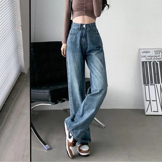 Slimming High-Waisted Lengthened Niche Floor-Length Loose Fit Draping Straight Wide-Leg Jeans
