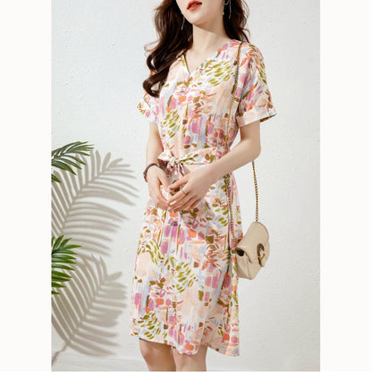 Oil Painting Slimming V-Neck Artistic Cinched Waist Design Tie-Up French Style Dress