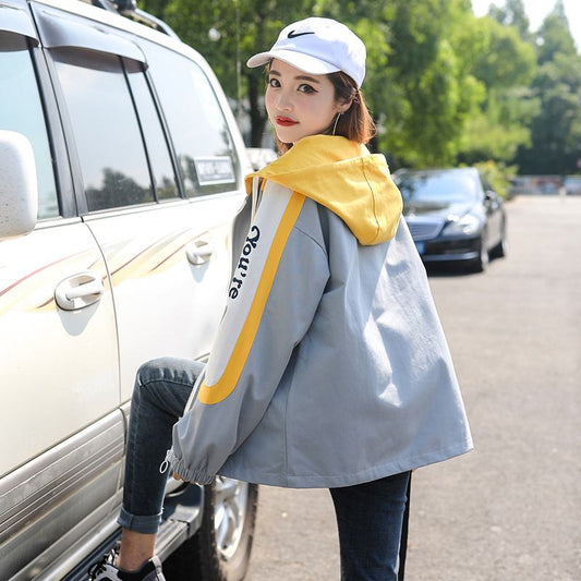 Preppy Style Color Blocking Loose Fit Raincoat Hooded Jacket