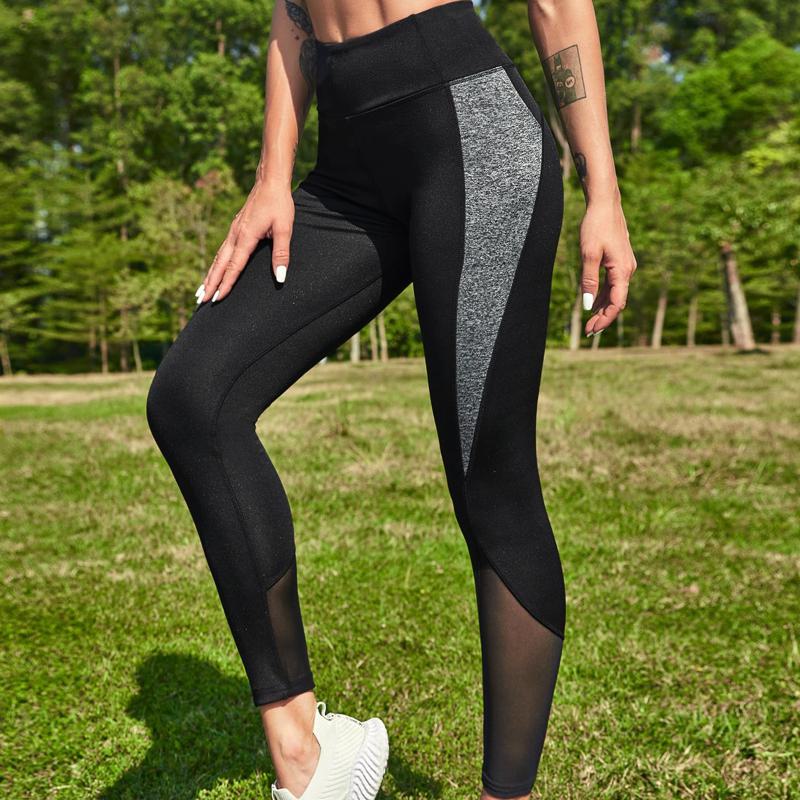 Leggings deportivos de malla elástica patchwork para entrenamiento de yoga de cintura alta