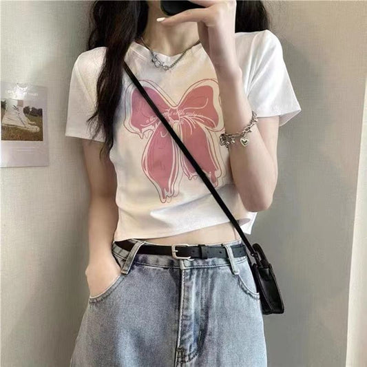Slim-Fit White Print Cropped Texture Short Sleeve Tee
