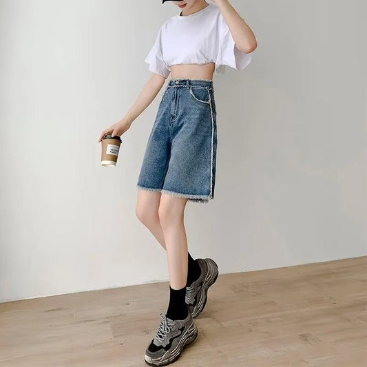 Short en jean taille haute et coupe droite pour les grandes tailles