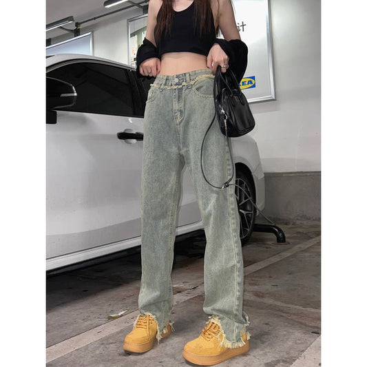 Slimming Tassel High-Waisted Straight Pants Distressed Loose Fit Washed Retro Versatile Jeans