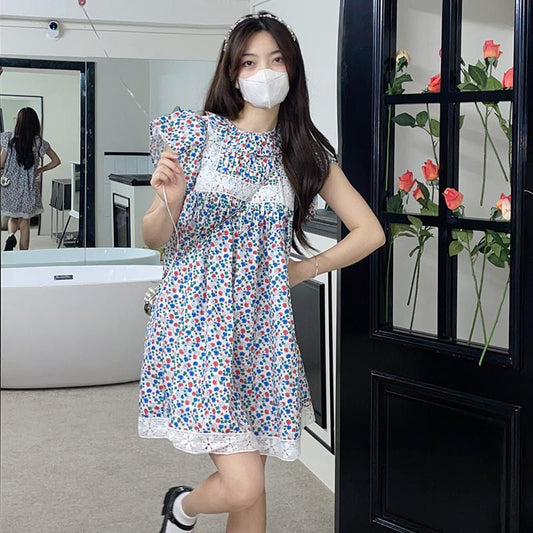Small Flutter Sleeves Lace Floral Print Bubble Sleeve Dress