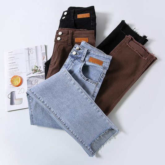 Cropped High-Waisted Elasticity Irregular Frayed Edge Jeans