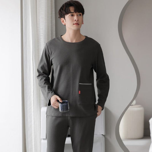 Round Neck Houndstooth Pocket Pullover Tightly Woven Pure Cotton Gray Lounge Set