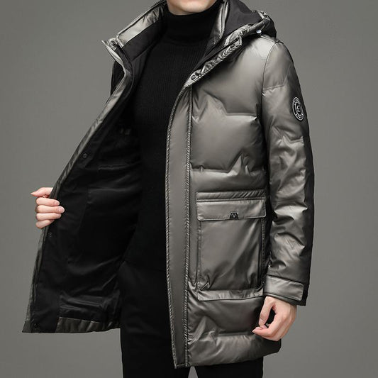 White Duck Down Chic Mid-Length Hooded Down Coat