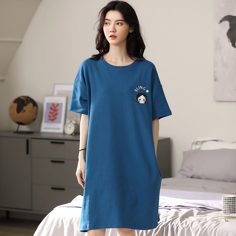 Pure Cotton Round Neck Pullover Cartoon Simplicity Midi Blue Lounge Dress