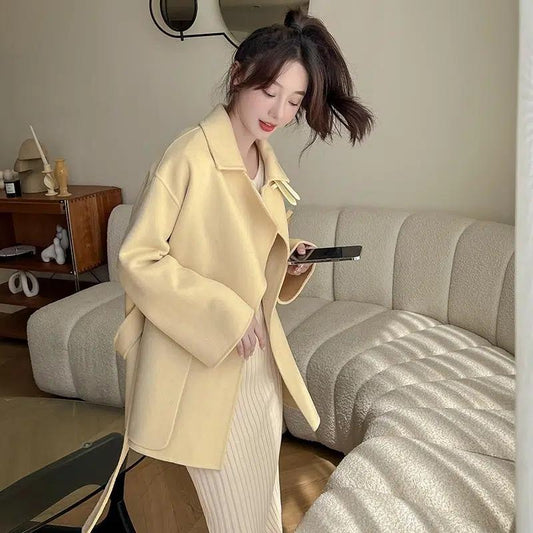 Cropped Yellow Soft Loose Fit Wrap Coat