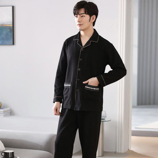 Schwarzes Baumwoll-Lapell-Pyjama-Set mit Knopfleiste und Brusttasche