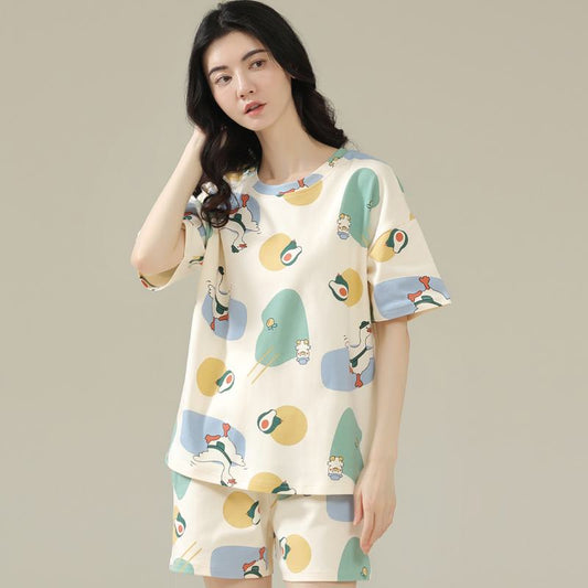 Short Sleeves Round Neck Tightly Woven Pure Cotton Lounge Set