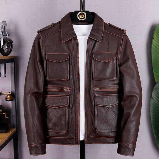 Retro Lapel Collar Workwear Style Leather Jacket