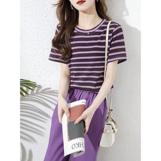 Stripe Versatile Chic Purple Round Neck Short Sleeve Tee