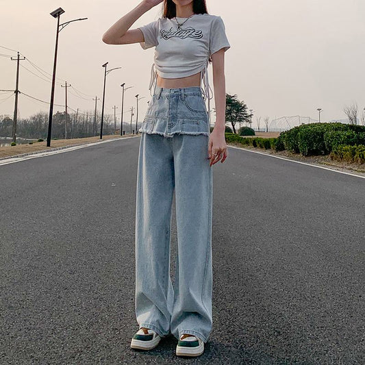 Slimming Thin High-Waisted Floor-Length Loose Fit Draping Straight Jeans