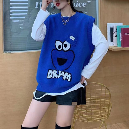 Cartoon Embroidery Klein Blue Outerwear Knitted Loose Fit Sweater Vest