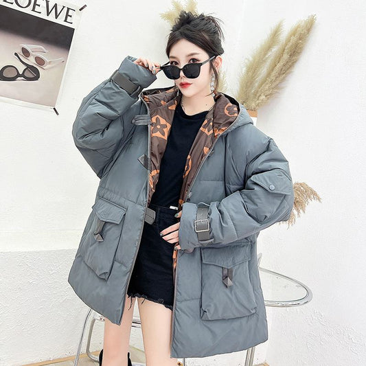 Workwear Thigh-Length Color Blocking Thickened Parka