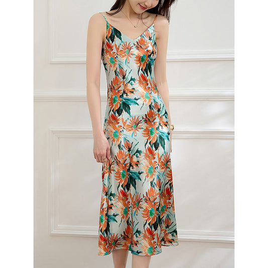 Chic Cami V-Neck Satin Finish Silk Print French Style Oil Painting Dress