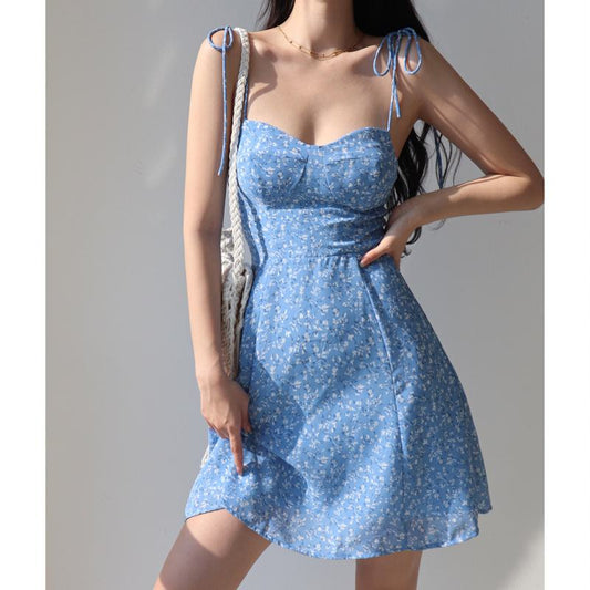 Cami Vacation Retro Tie-Up Floral Print A-Line French Style Slimming Cinched Waist Dress
