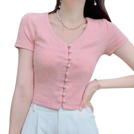 Button Pearl Versatile Cropped Niche V-Neck Short Sleeve Tee
