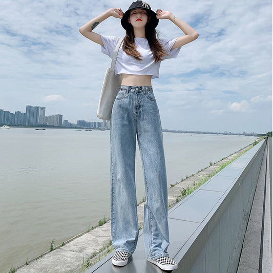 Slimming Thin High-Waisted Floor-Length Loose Fit Draping Straight Wide-Leg Jeans