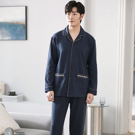 Conjunto de pijama de algodón con bolsillo delantero y cuello de solapa con botones