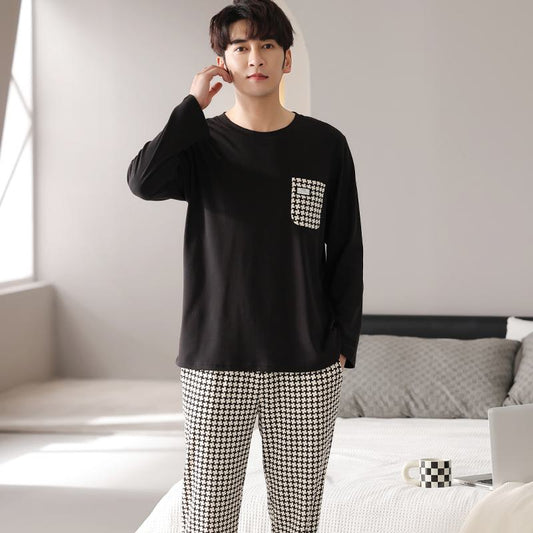 Tightly Woven Pure Cotton Pullover Round Neck Black Plaid Long Sleeve Lounge Set