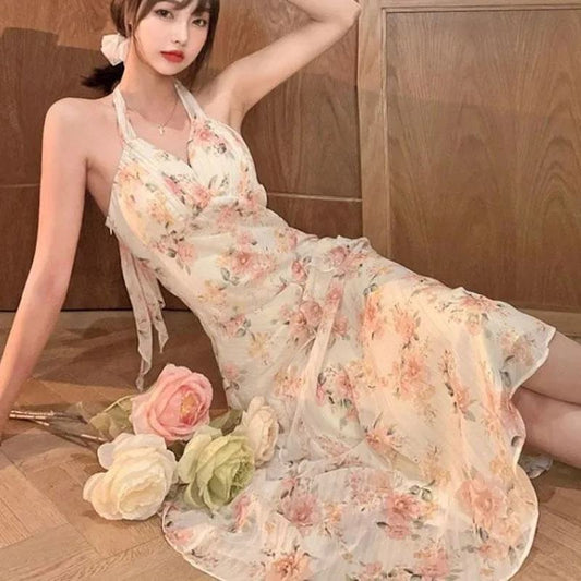Niche Halter Floral Print French Style Cinched Waist Dress