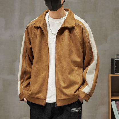 Stand-Up Collar Patchwork Suede Full Zip Track Jacket