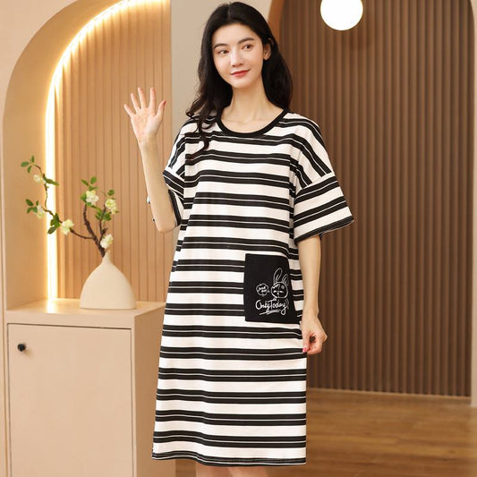 Adhesive Pocket Midi Tightly Woven Pure Cotton Stripe Lounge Dress