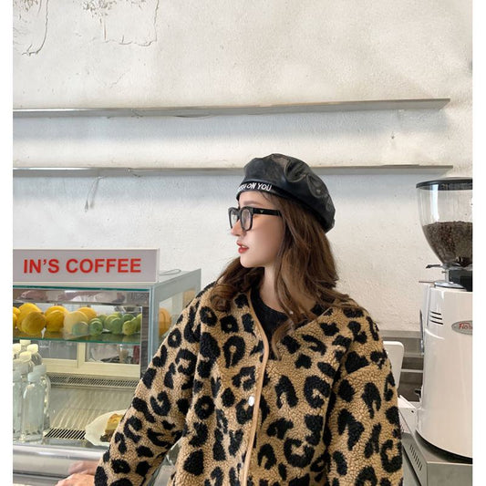 Leopard Print Fur-Trimmed Woolen Fleece Jacket