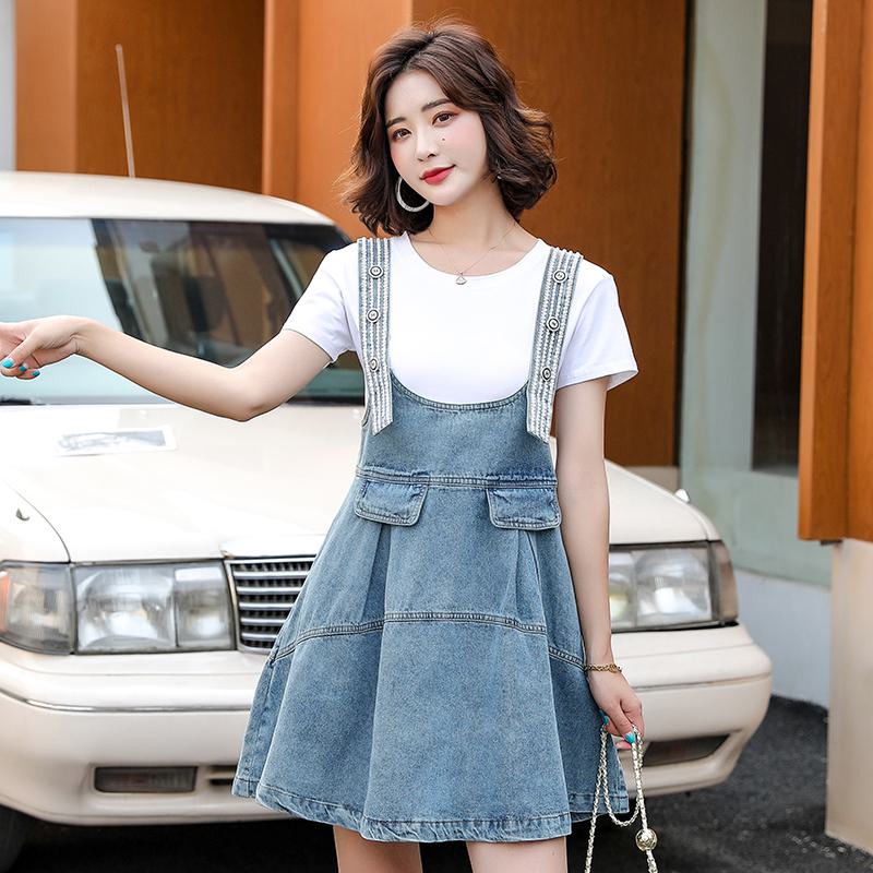 Belly-Covering Suspender Preppy Style Plus A-Line Two-Piece Set Pinafore Denim Skirt