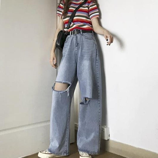 High-Waisted Weite Split Straight Jeans