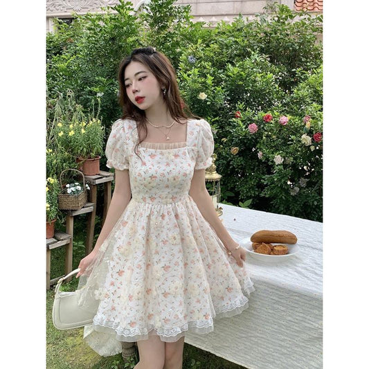 Cinched Waist Lace Slimming Floral Print Gentle Bubble Sleeve Mesh Fairy Dress